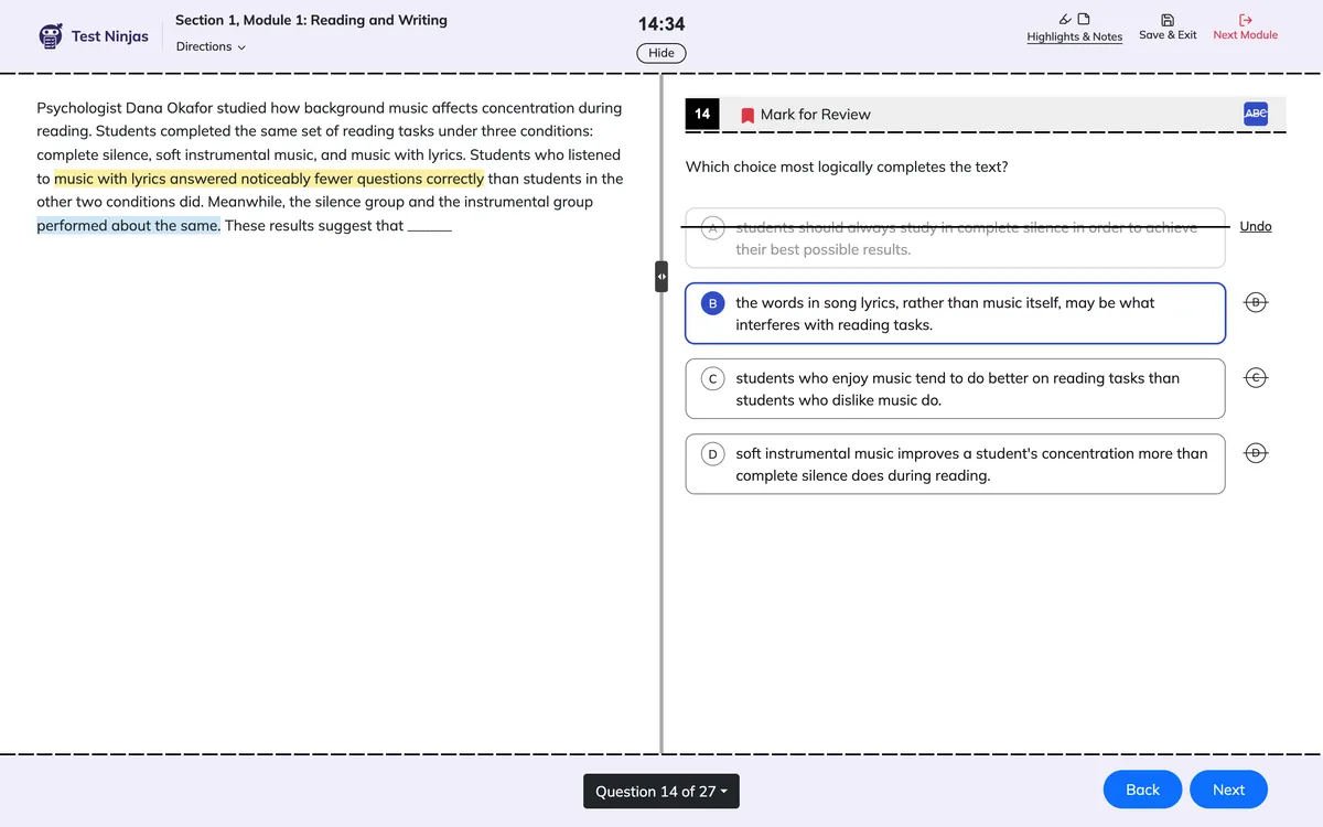 Test Ninjas PSAT/NMSQT practice test: a Reading and Writing passage with two highlights, choice A crossed out, choice B selected, Mark for Review on and 14:34 left