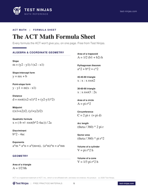 Cover of the free Test Ninjas ACT Math Formula Sheet PDF