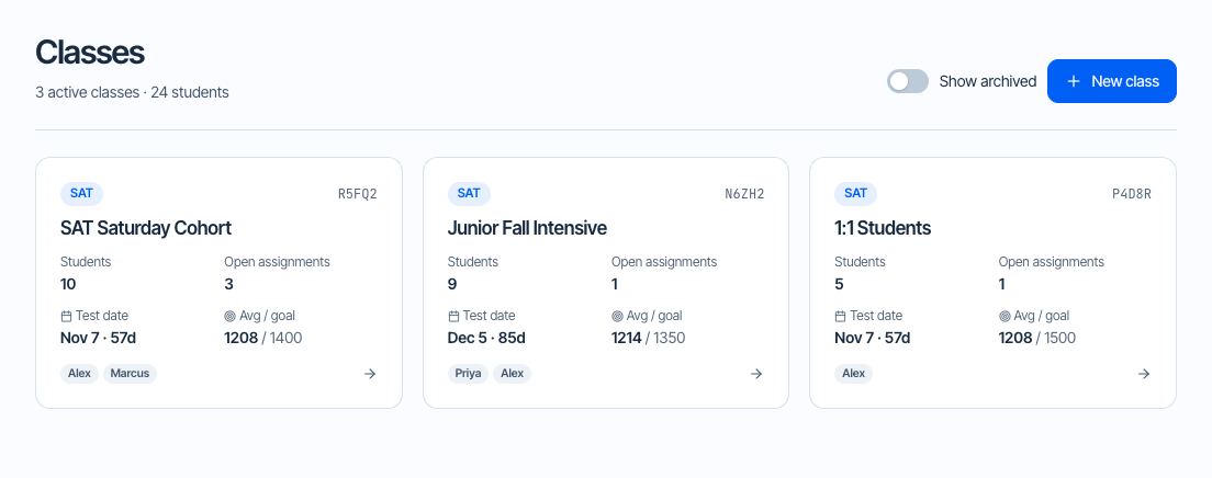 Teacher class management screen with class rosters and assignments