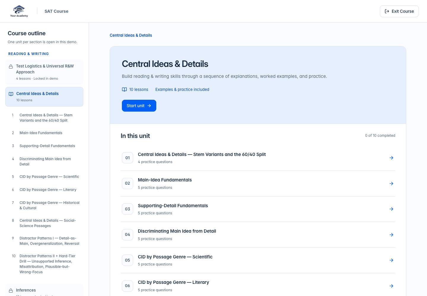 A branded fullscreen course with a structured unit outline and lesson navigation