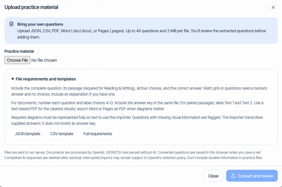 Upload practice material dialog with supported file types and question requirements