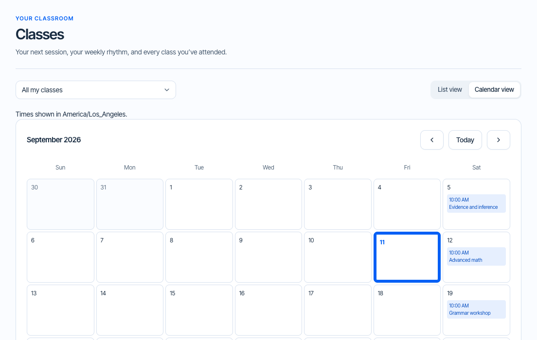 Student class calendar with scheduled lessons and session details