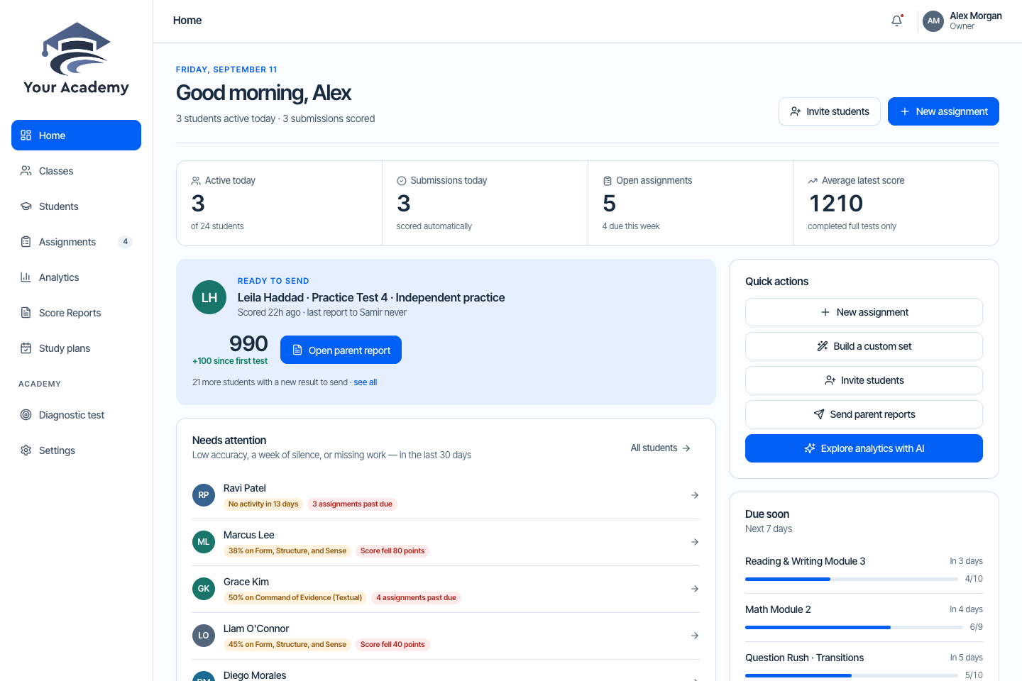 The new classroom teacher dashboard with student activity, score reports, and class information