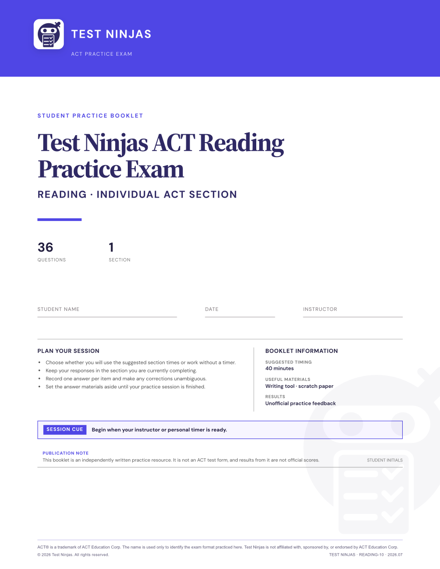 Cover page of the Reading Section PDF