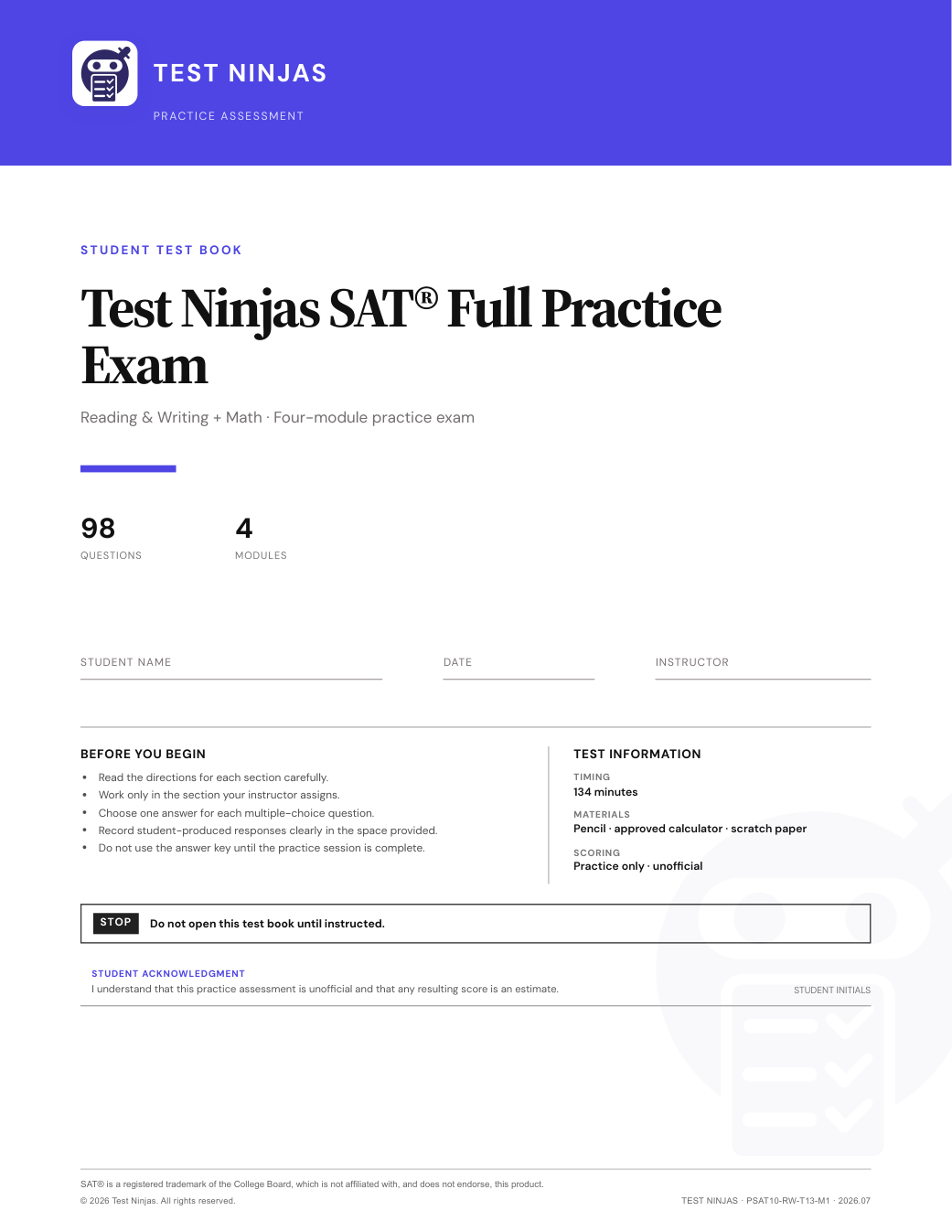 Cover of the Test Ninjas free full-length Digital SAT practice test PDF