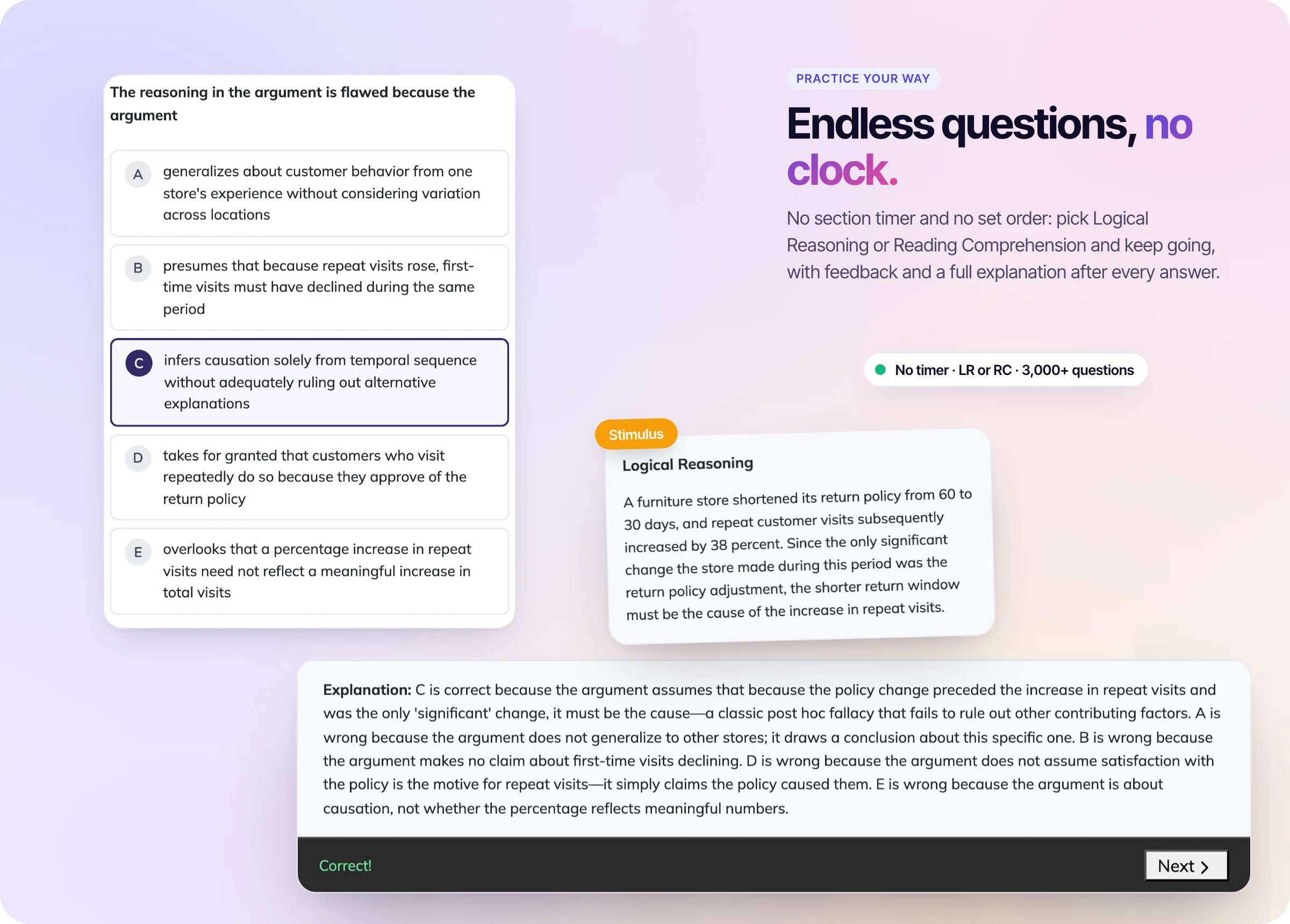 Continuous practice mode: a Flaw question with the answer chosen, its stimulus, the Correct feedback bar and the full explanation, with no timer