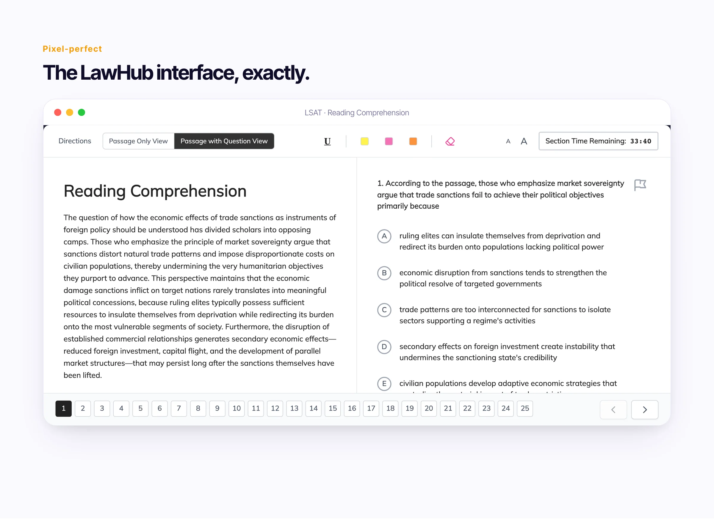 The LawHub-style Reading Comprehension interface inside Test Ninjas: switching to Passage Only View, highlighting a sentence in pink, switching back to Passage with Question View, eliminating a choice and answering