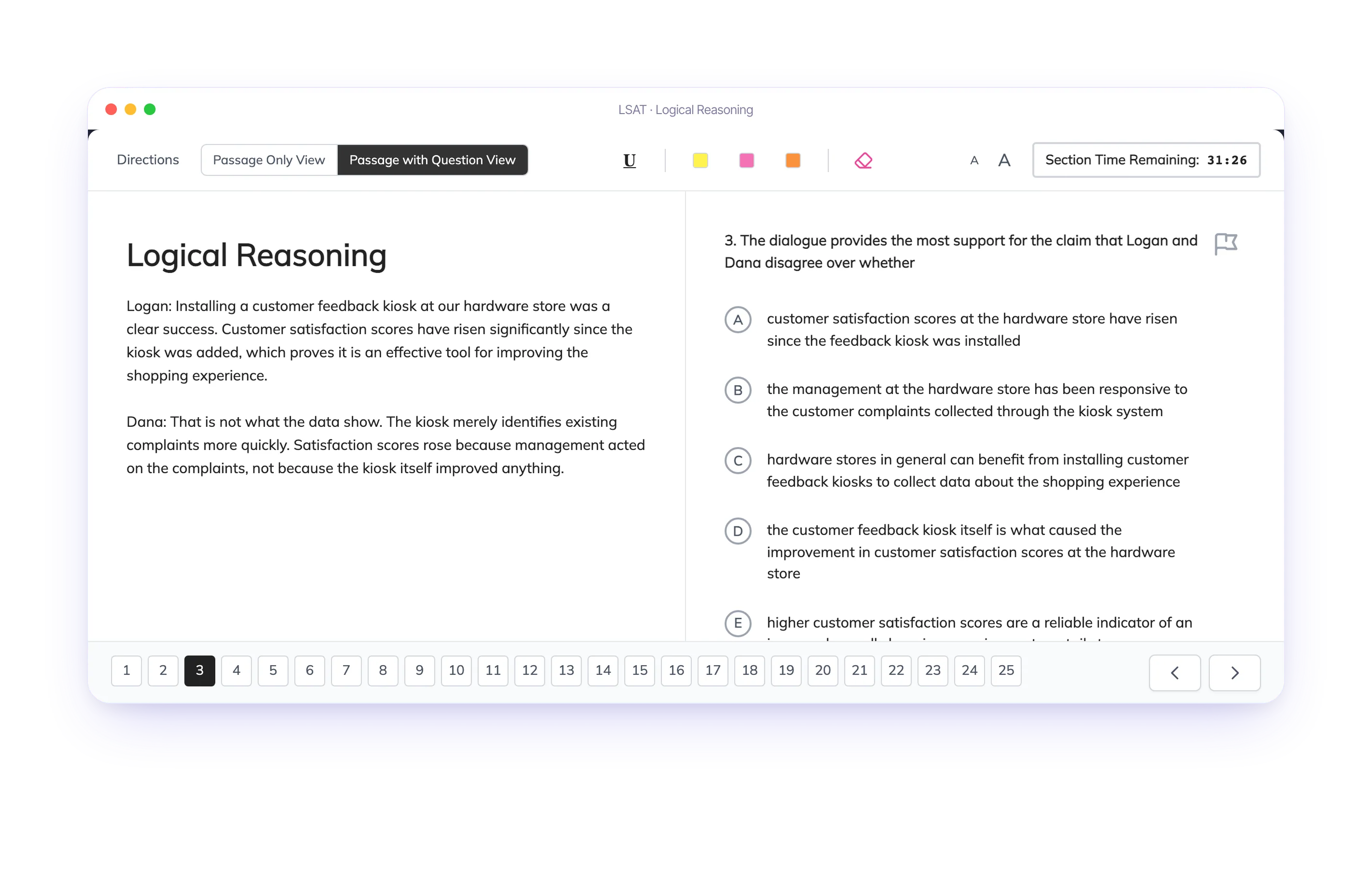 The Test Ninjas LSAT engine on a Logical Reasoning question: highlighting the stimulus with the yellow highlighter, eliminating a choice, picking an answer, flagging the question and moving on to the next one