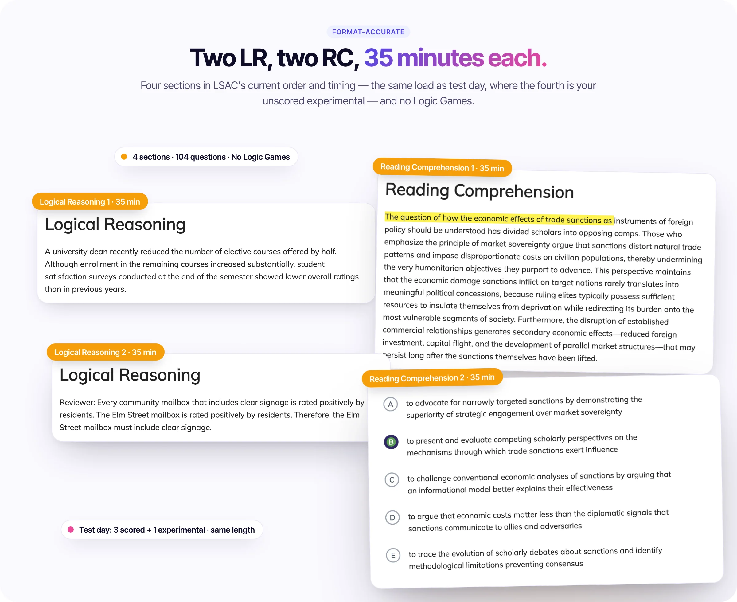 The current digital LSAT format in Test Ninjas practice tests: two Logical Reasoning sections and two Reading Comprehension sections of 35 minutes each, the same four-section load as test day, and no Logic Games