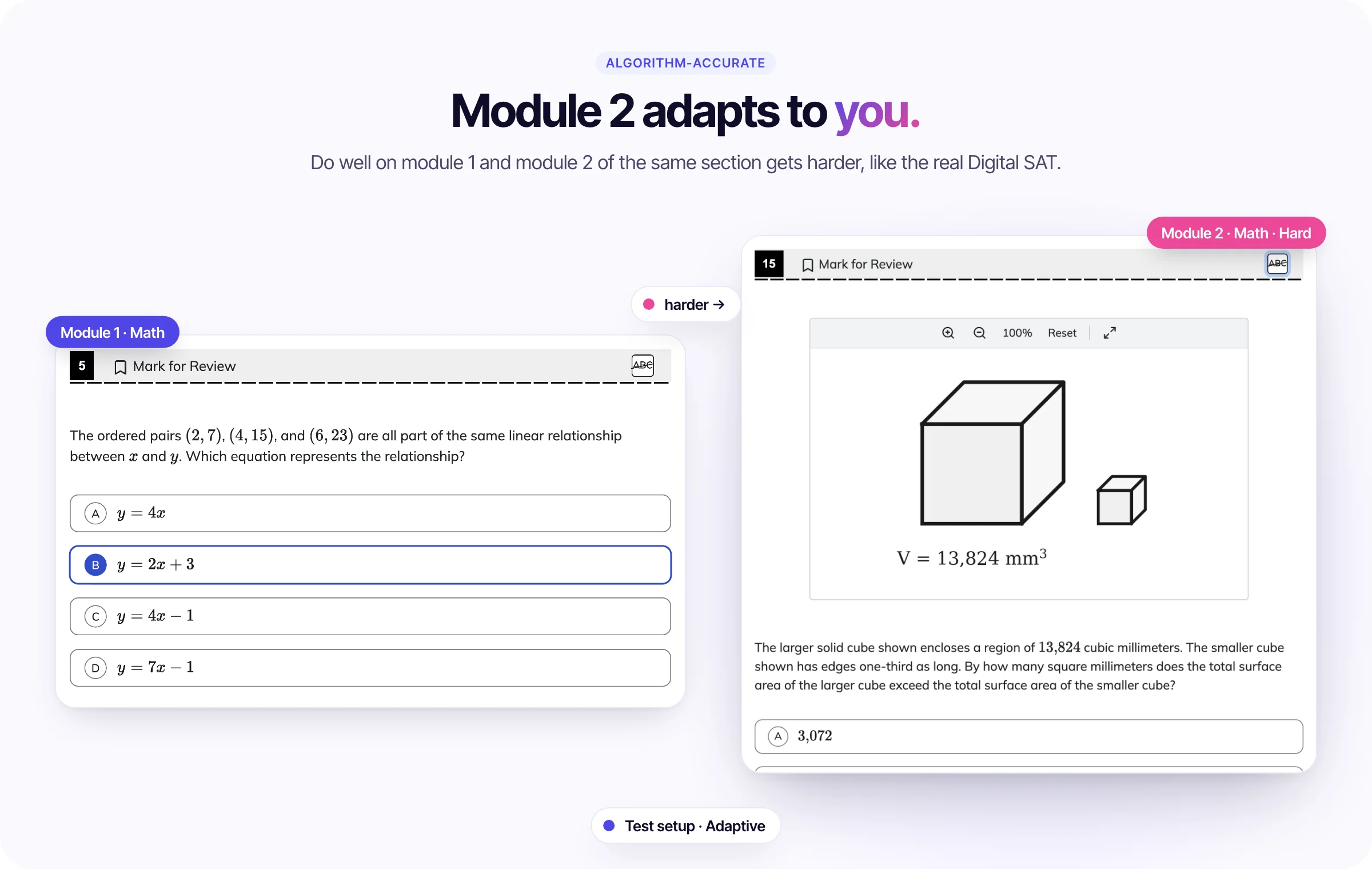 A Math module 1 question beside a harder Math module 2 question, showing how the second module adapts
