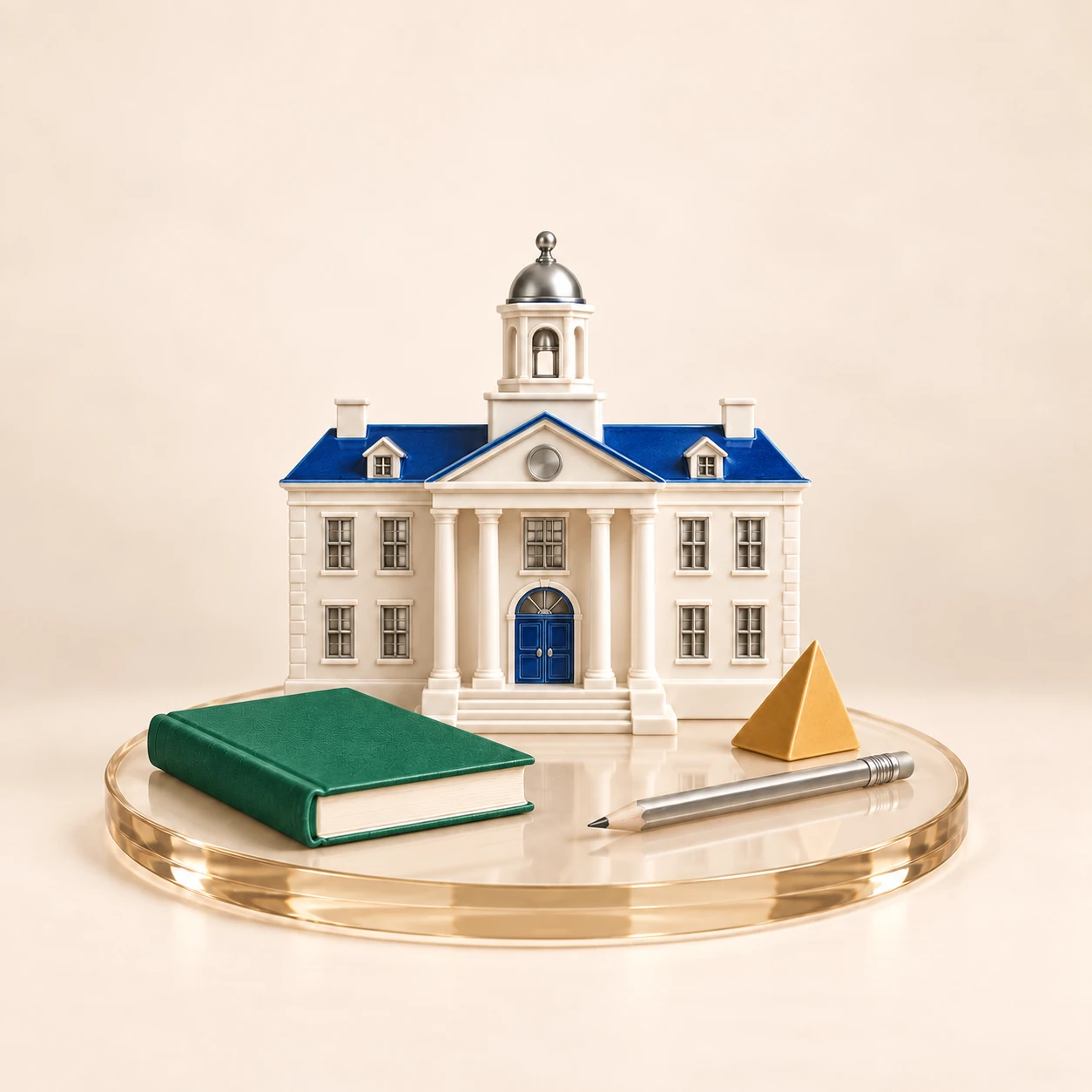 Ivory school model with a cobalt roof, emerald study book and amber geometric prism on a champagne glass pedestal