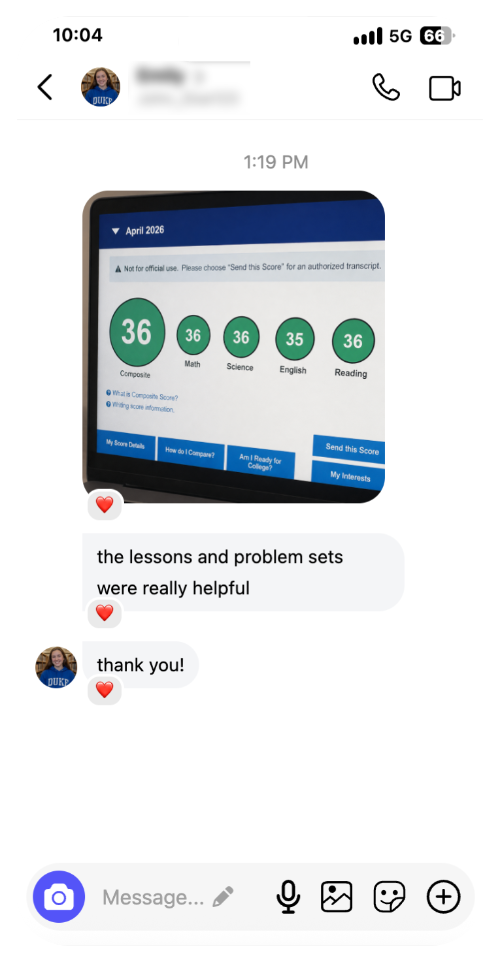 Student message with an ACT score report — 36 composite, 35 English, 36 Math, 36 Reading, 36 Science