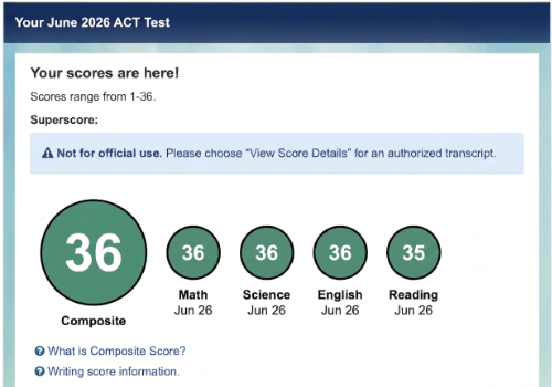 Official ACT score report — 36 composite, 36 English, 36 Math, 35 Reading, 36 Science
