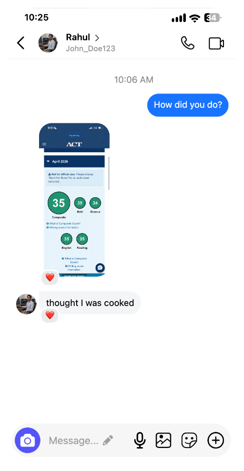 Student message with an ACT score report — 35 composite, 35 English, 35 Math, 35 Reading, 34 Science