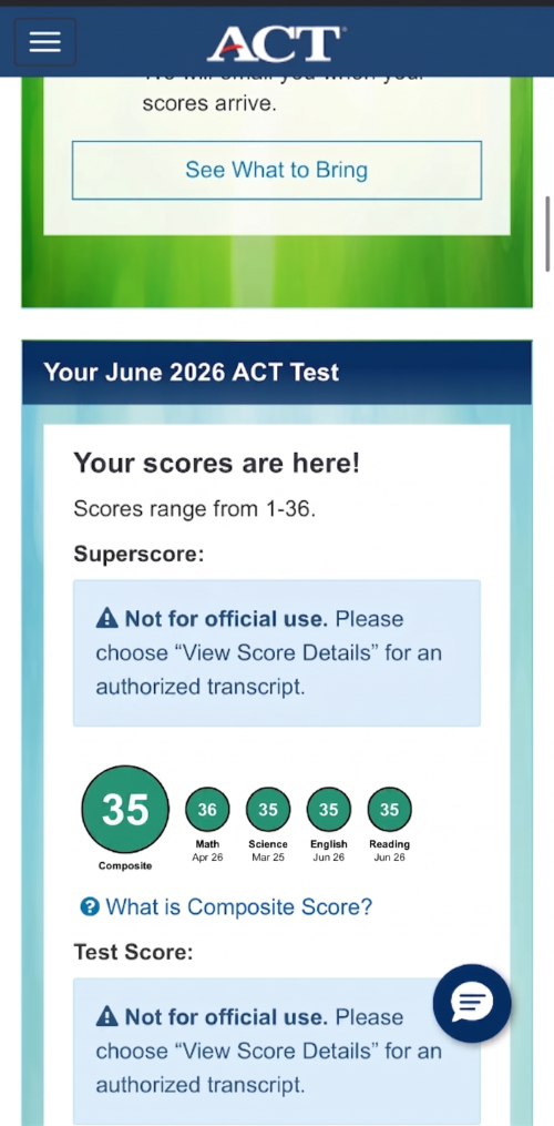 Official ACT score report — 35 composite, 35 English, 36 Math, 35 Reading, 35 Science