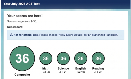 Official ACT score report — 36 composite, 36 English, 36 Math, 36 Reading, 36 Science