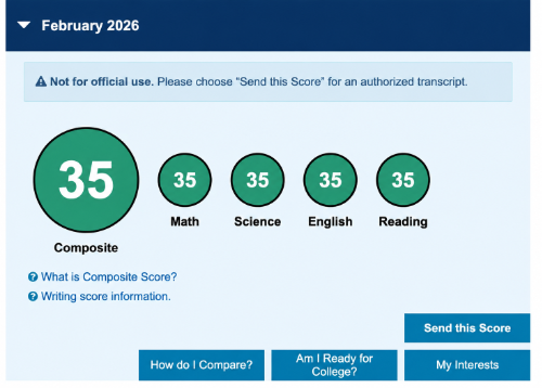 Official ACT score report — 35 composite, 35 English, 35 Math, 35 Reading, 35 Science