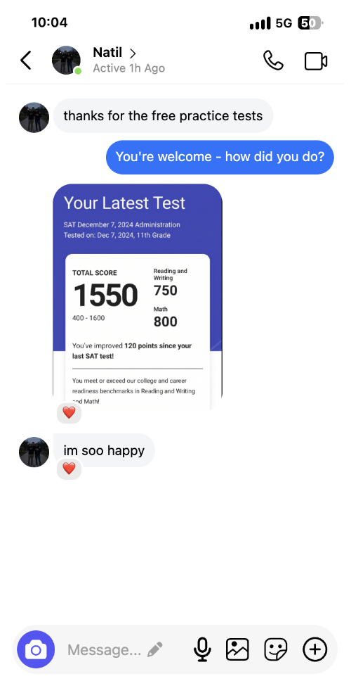 Student message with an SAT score report — 1550 total, 750 Reading and Writing, 800 Math