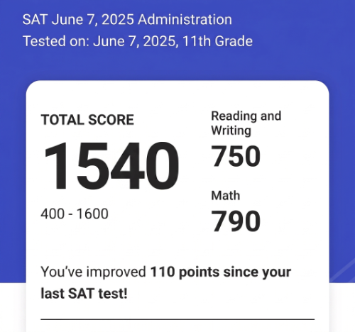 Official SAT score report — 1540 total, 750 Reading and Writing, 790 Math