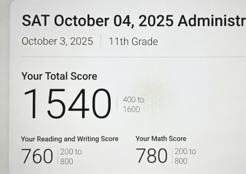 Official SAT score report — 1540 total, 760 Reading and Writing, 780 Math