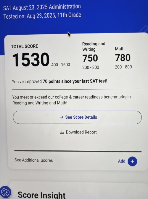 Official SAT score report — 1530 total, 750 Reading and Writing, 780 Math