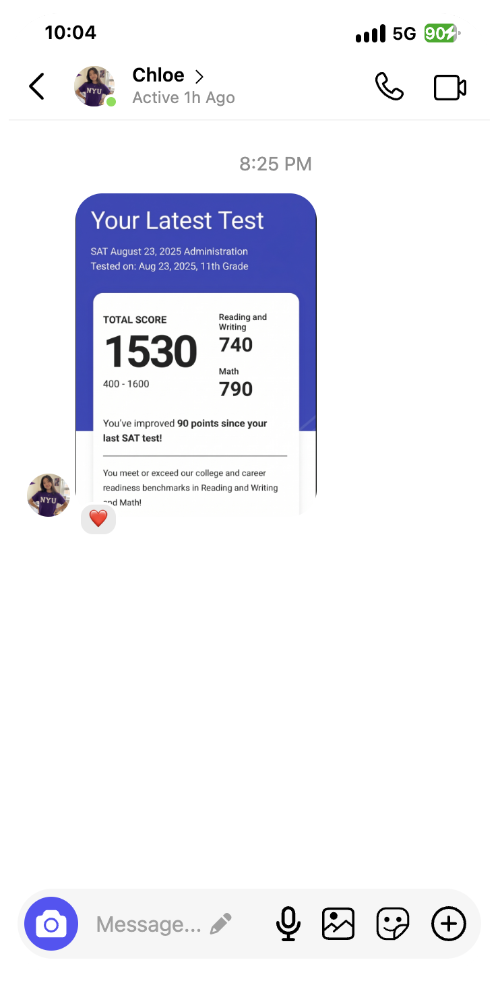 Student message with an SAT score report — 1530 total, 740 Reading and Writing, 790 Math