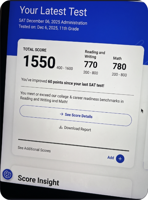 Official SAT score report — 1550 total, 770 Reading and Writing, 780 Math