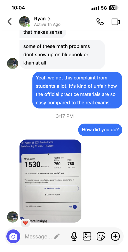 Student message with an SAT score report — 1530 total, 750 Reading and Writing, 780 Math