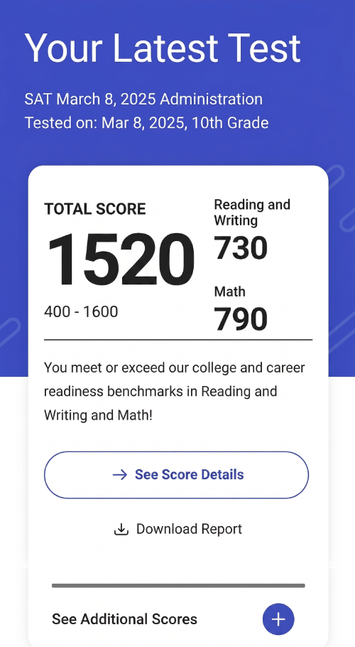 Official SAT score report — 1520 total, 730 Reading and Writing, 790 Math