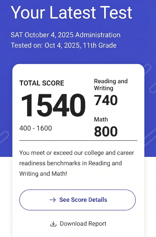 Official SAT score report — 1540 total, 740 Reading and Writing, 800 Math