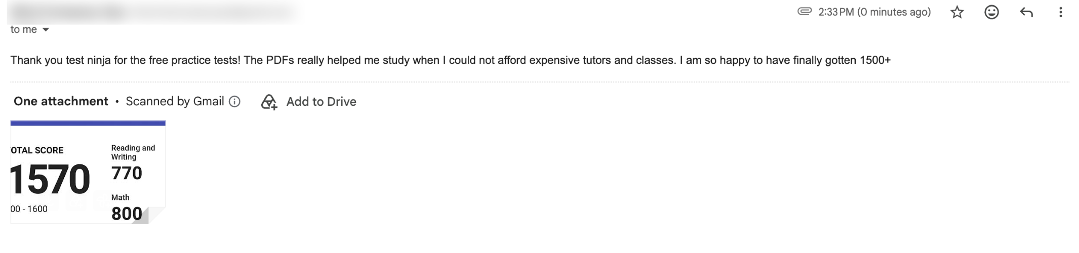Emailed SAT score report showing a 1570 total score — 770 Reading and Writing, 800 Math