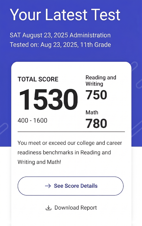 Official SAT score report — 1530 total, 750 Reading and Writing, 780 Math