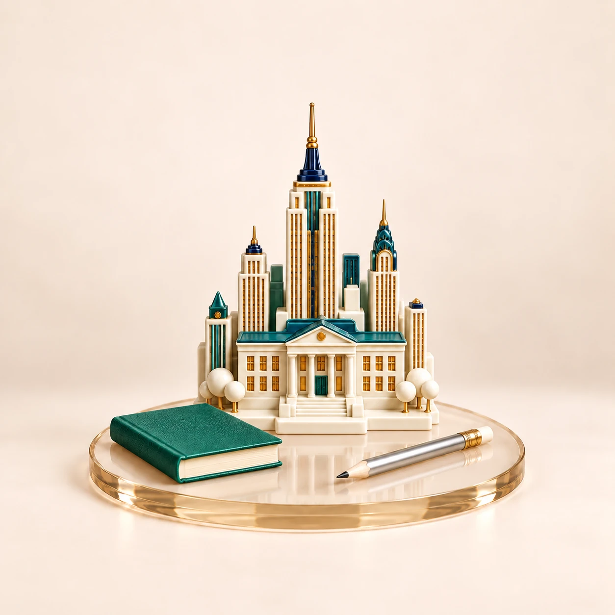 Ivory New York skyline with navy and teal details, an emerald book and silver pencil on a champagne glass pedestal