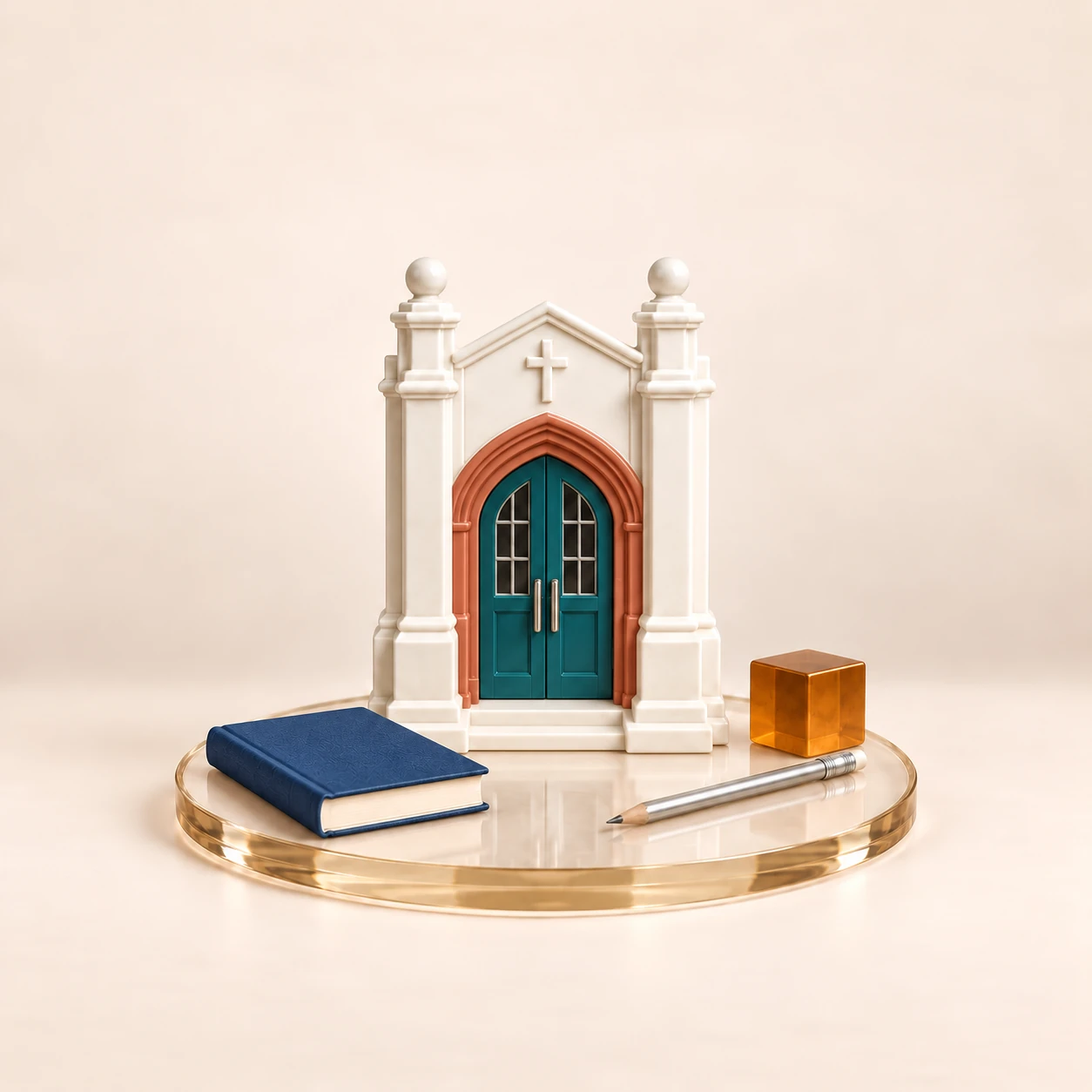 Ivory school entrance with teal doors, a terracotta arch, navy book and amber cube on a champagne glass pedestal